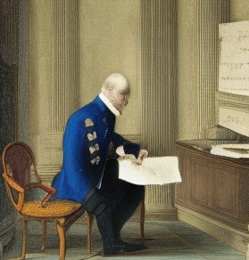 An illustration for the Tibetan word འབྲུ་བ་, 'bru ba, to pry into, to scrutinize. Prompt: An aristocrat scrutinizing a manuscript with a magnifying glass. Created by Stable Diffusion, 03/21/25